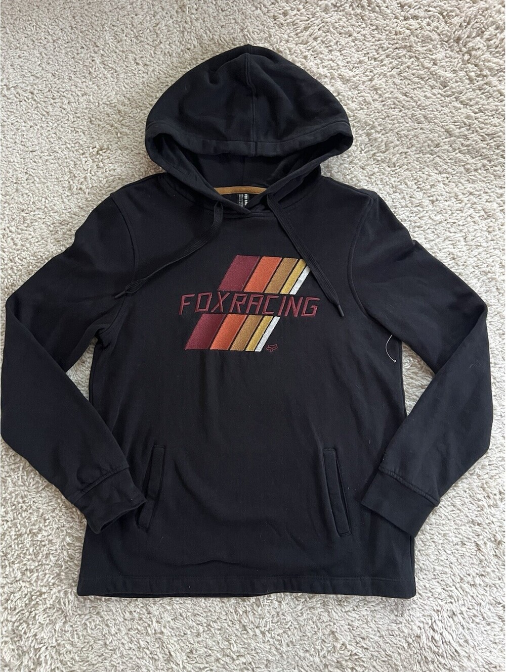 Fox Racing Hoodie Sweatshirt Black Size Medium Retro Multi Color Embroidered